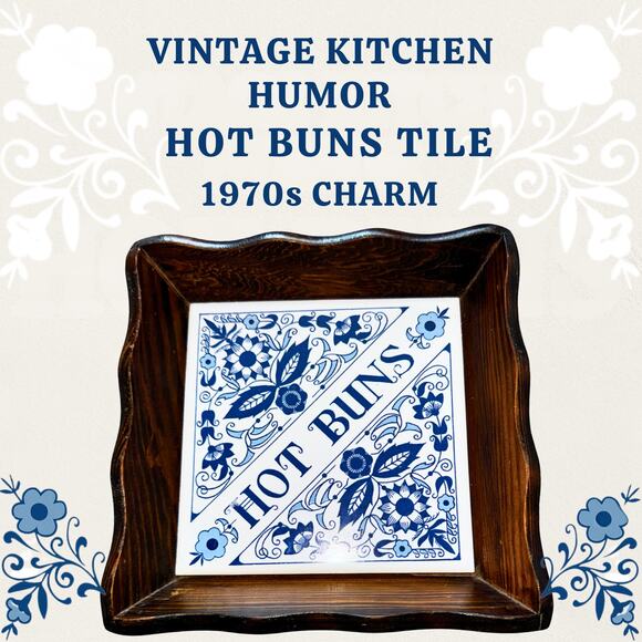 Vintage Blue & White “Hot Buns” Tile Trivet with Wood Frame Kitchen Decor - Picture 3 of 11